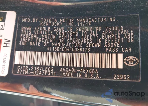 2015 Toyota Avalon Hybrid Xle Touring из США, поврежденный, VIN 4T1BD1EB4FU036476